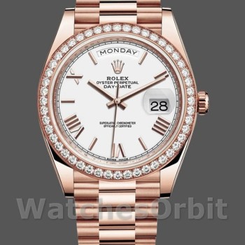 Replica Rolex Day-Date-228345RBR da uomo, 40 mm, quadrante bianco romano, lunetta con diamanti, bianco da uomo