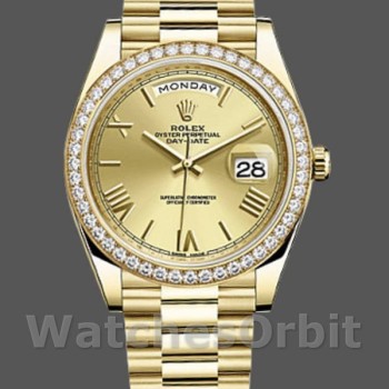 Replica Rolex Day-Date-228348RBR, 40 mm, quadrante romano champagne, lunetta con diamanti, Champagne Uomo