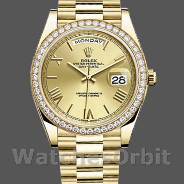 Replica Rolex Day-Date-228348RBR, 40 mm, quadrante romano champagne, lunetta con diamanti, Champagne Uomo