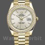 Replica Rolex Day-Date-228348RBR, 40 mm, quadrante argentato con motivo diagonale, lunetta con diamanti, Argento Uomo
