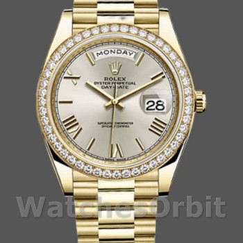 Replica Rolex Day-Date-228348RBR, 40 mm, quadrante romano argentato, lunetta con diamanti, Argento Uomo