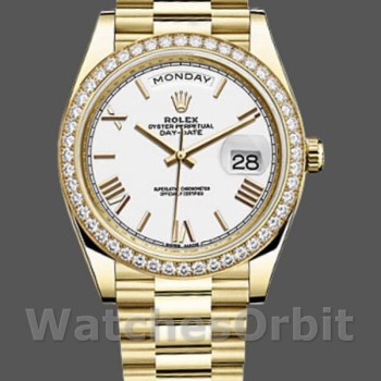 Replica Rolex Day-Date-228348RBR, 40 mm, quadrante bianco romano, lunetta con diamanti, Uomo Bianco