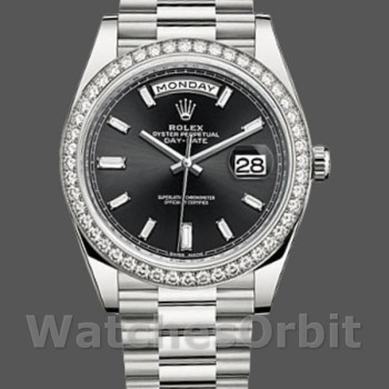 Replica Rolex Day-Date-228349RBR, 40 mm, quadrante nero, lunetta con diamanti, Nero Uomo