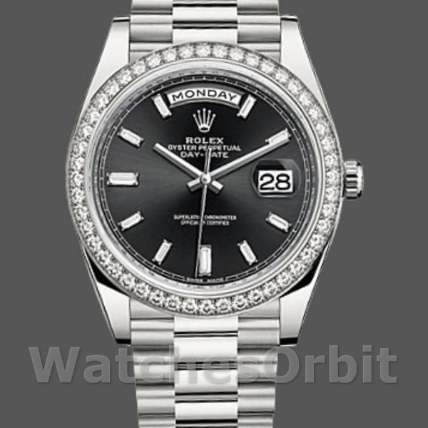 Replica Rolex Day-Date-228349RBR, 40 mm, quadrante nero, lunetta con diamanti, Nero Uomo