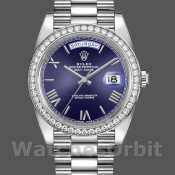 Replica Rolex Day-Date-228349RBR, 40 mm, quadrante blu romano, lunetta con diamanti, Blu Uomo