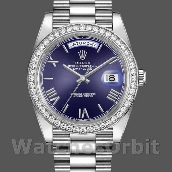 Replica Rolex Day-Date-228349RBR, 40 mm, quadrante blu romano, lunetta con diamanti, Blu Uomo