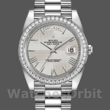 Replica Rolex Day-Date-228349RBR, 40 mm, quadrante romano argentato, lunetta con diamanti, Argento Uomo