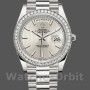 Replica Rolex Day-Date-228349RBR, 40 mm, quadrante argentato con motivo a righe, lunetta con diamanti, Argento Uomo