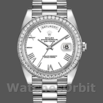 Replica Rolex Day-Date-228349RBR, 40 mm, quadrante bianco romano, lunetta con diamanti, Uomo Bianco