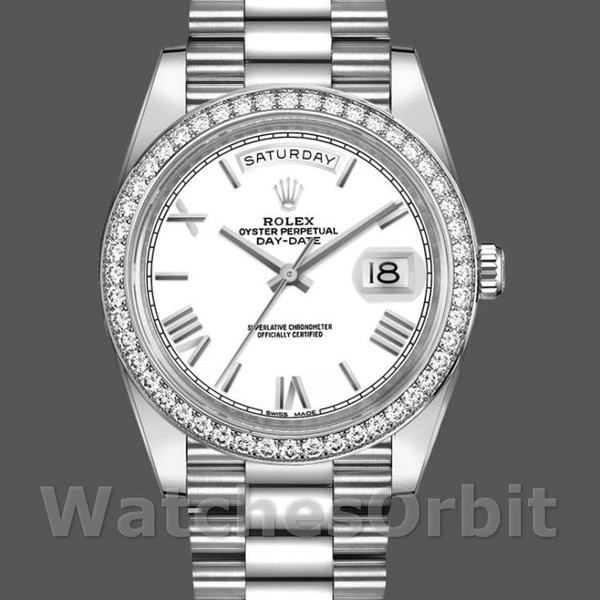 Replica Rolex Day-Date-228349RBR, 40 mm, quadrante bianco romano, lunetta con diamanti, Uomo Bianco