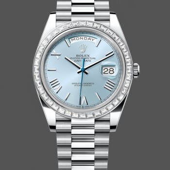 Replica Rolex Day-Date-228396TBR 0030, 40 mm, quadrante blu ghiaccio, platino, lunetta di diamanti, Uomo Blu Ghiaccio