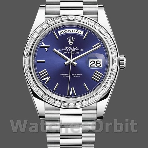 Replica Rolex Day-Date-228396TBR, 40 mm, quadrante blu, platino, lunetta con diamanti, Blu Uomo