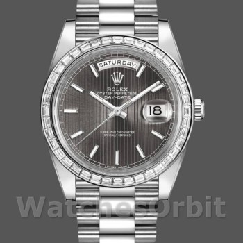 Replica Rolex Day-Date-228396TBR, 40 mm, quadrante grigio rodio scuro, lunetta con diamanti, Uomo Grigio