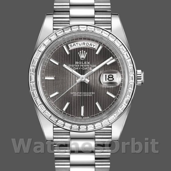 Replica Rolex Day-Date-228396TBR, 40 mm, quadrante grigio rodio scuro, lunetta con diamanti, Uomo Grigio