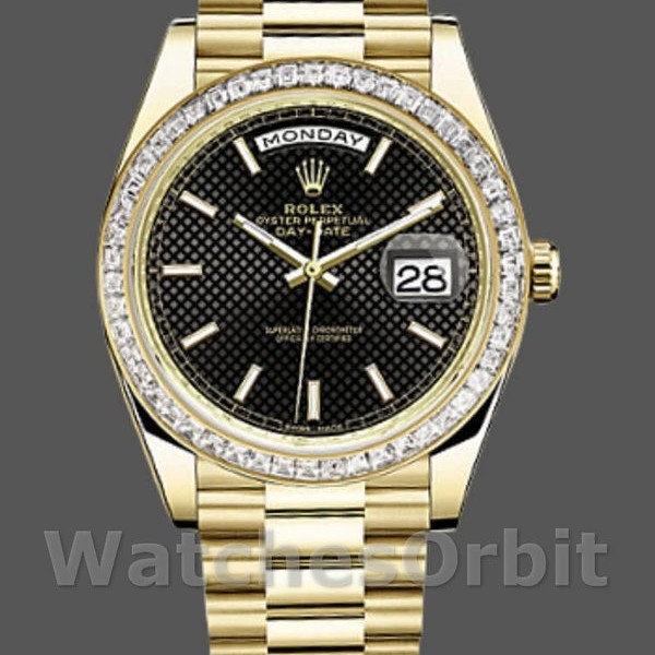 Replica Rolex Day-Date-228398TBR, 40 mm, quadrante nero con motivo diagonale, lunetta con diamanti, nero da uomo