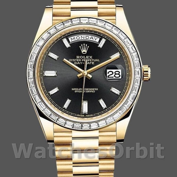 Replica Rolex Day-Date-228398TBR, 40 mm, quadrante nero con diamanti, lunetta con diamanti, Uomo Nero