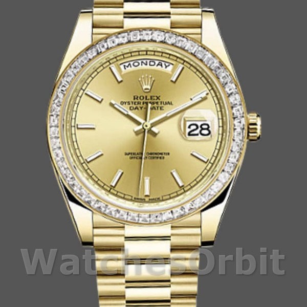 Replica Rolex Day-Date-228398TBR, 40 mm, quadrante indicizzato champagne, lunetta con diamanti, Champagne Uomo