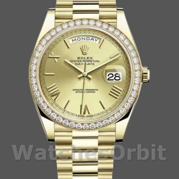 Replica Rolex Day-Date-228398TBR, 40 mm, quadrante champagne con numeri romani, lunetta con diamanti, Champagne Uomo