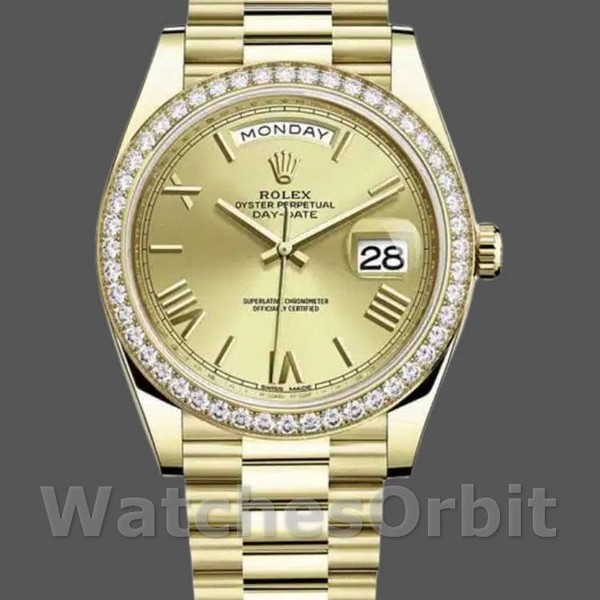 Replica Rolex Day-Date-228398TBR, 40 mm, quadrante champagne con numeri romani, lunetta con diamanti, Champagne Uomo