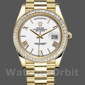 Replica Rolex Day-Date-228398TBR, 40 mm, quadrante bianco con numeri romani, lunetta con diamanti, Uomo Bianco