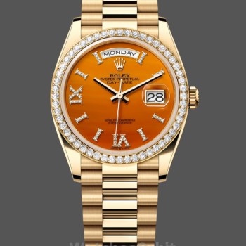 Replica Rolex Day Date 36-M128345RBR 0068, Oro Everose, lunetta con diamanti, Oyster, Verde e Blu, Uomo