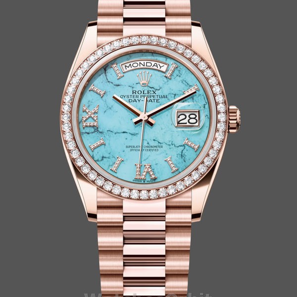 Replica Rolex Day-Date 36-m128345rbr 0064, oro rosa, quadrante romano con diamanti incastonati, lunetta di diamanti quadrante turchese