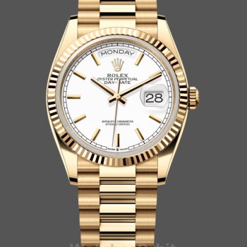 Replica Rolex Day-Date 36mm Unisex-128238 0081-Lunetta scanalata-Comparatore bianco Indice Bianco