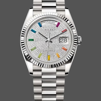 Replica Rolex Day Date 36-128239 0016 unisex, oro bianco, quadrante con pavé di diamanti arcobaleno, quadrante con diamanti