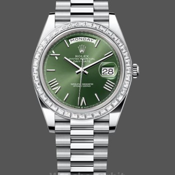 Replica Rolex Day Date 40-M228396TBR 0020, Platino, Quadrante verde oliva, Lunetta con diamanti, Verde, Uomo
