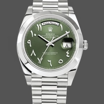 Replica Rolex Day-Date 40-228206 da uomo, arabo, platino, quadrante oliva, quadrante verde