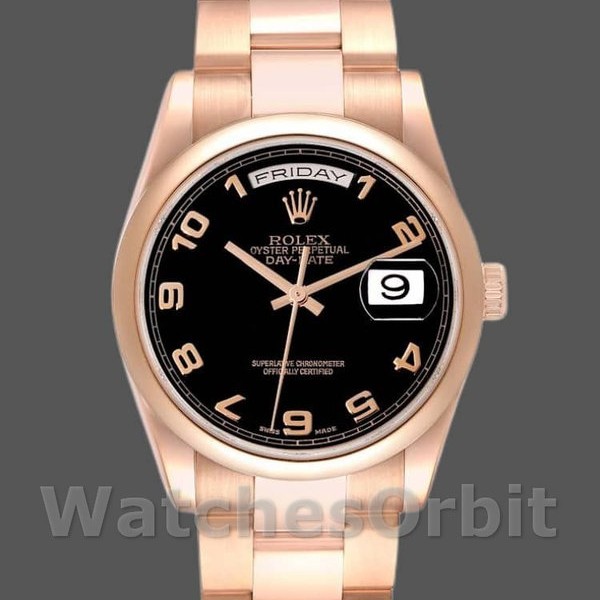 Replica Rolex President Day-Date 36mm Unisex-118205-Dal quadrante nero oro rosa Nero