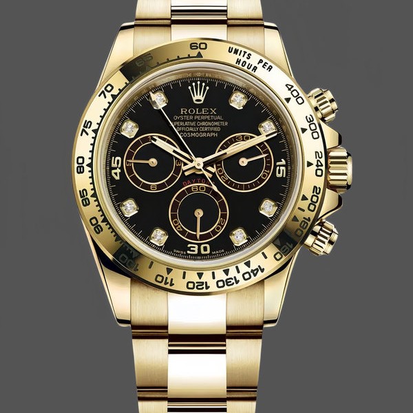 Replica Rolex Daytona-116508 da uomo, 40 mm, oro giallo, quadrante nero con diamanti, Nero da Uomo