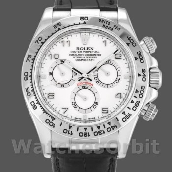 Replica Rolex Daytona 40mm Uomo-116519-Comparatore arabo bianco-Cinturino in pelle nera Bianco Arabo