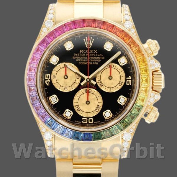 Replica Rolex Daytona 40mm Uomo-116528-Ghiera arcobaleno-Diamante Nero Quadrante Nero
