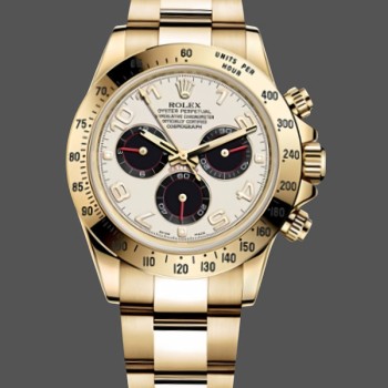 Replica Rolex Daytona 40mm Uomo-116528-Calendario arabo bianco-Oro giallo Bianco