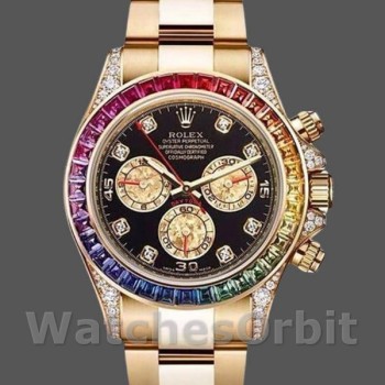 Replica Rolex Daytona-116598 da uomo, 40 mm, oro giallo, quadrante nero con diamanti, Nero da uomo