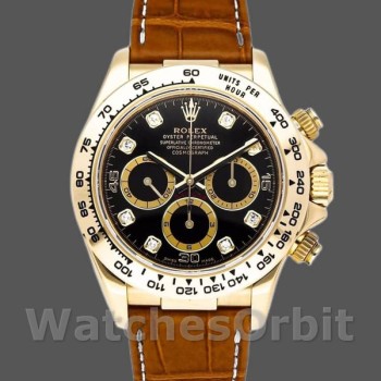 Replica Rolex Daytona 40mm Uomo-16518-Calrante nero con diamanti-Cinturino in pelle Nero