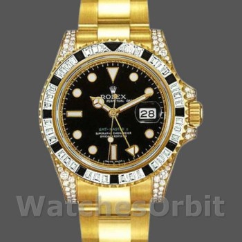 Replica Rolex GMT-Master II 40mm Uomo-116758-Oro giallo-Calendario nero-Diamanti neri