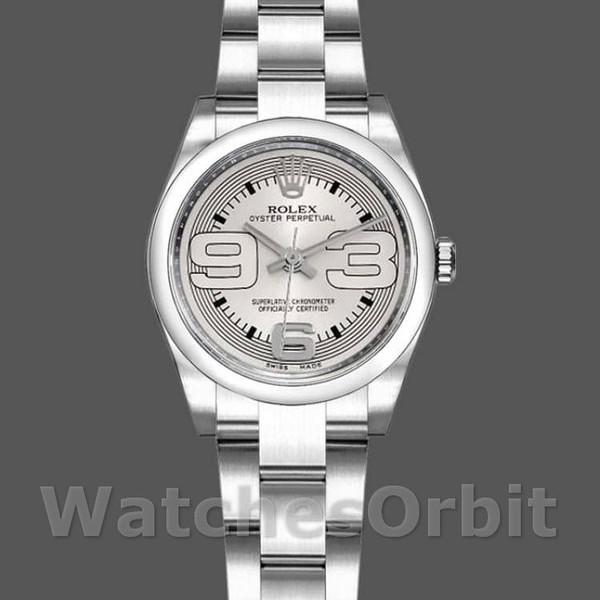Replica Rolex Oyster Perpetual 26 mm Donna-176200-Calrante arabo argento-Bracciale Oyster Argento