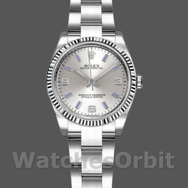 Replica Rolex Oyster Perpetual 26 mm Donna-176234-Dal quadrante argento-Blue Baton Argento