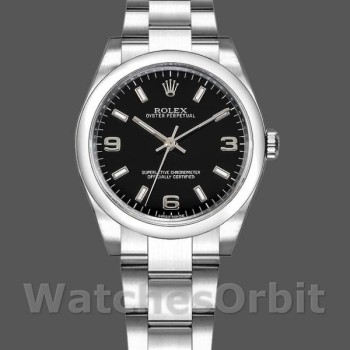 Replica Rolex Oyster Perpetual 31 mm Donna-177200-Calendario arabo nero-Ghiera bombata nero