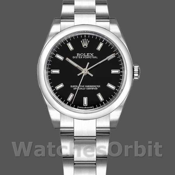 Replica Rolex Oyster Perpetual 31 mm Donna-177200-Calendario nero-Giornale nero con lunetta a cupola