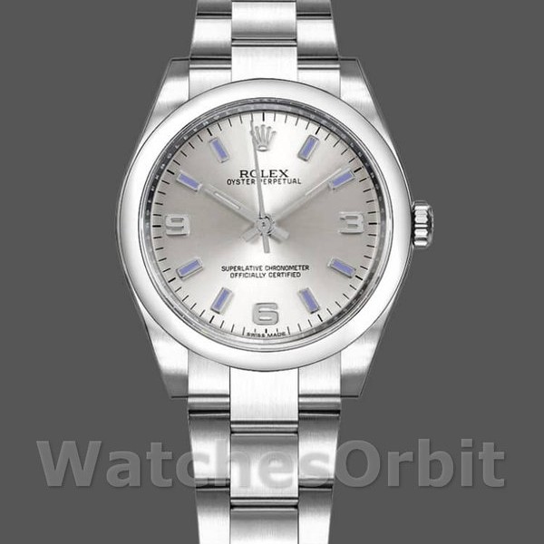Replica Rolex Oyster Perpetual 31 mm Donna-177200-Comparatore argento-Indici blu Argento