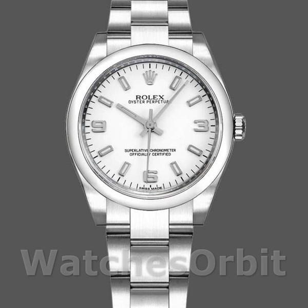 Replica Rolex Oyster Perpetual 31 mm Donna-177200-Comparatore arabo bianco-Bracciale Oyster Bianco