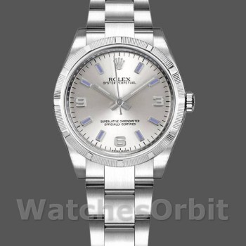 Replica Rolex Oyster Perpetual 31 mm Donna-177210-Calrante argento-Indici blu Argento