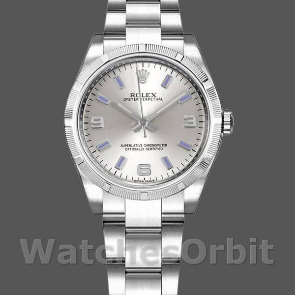 Replica Rolex Oyster Perpetual 31 mm Donna-177210-Calrante argento-Indici blu Argento