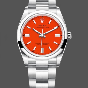 Replica Rolex Oyster Perpetual-126000 0007 unisex, Oystersteel, quadrante rosso corallo, bracciale Oyster rosso