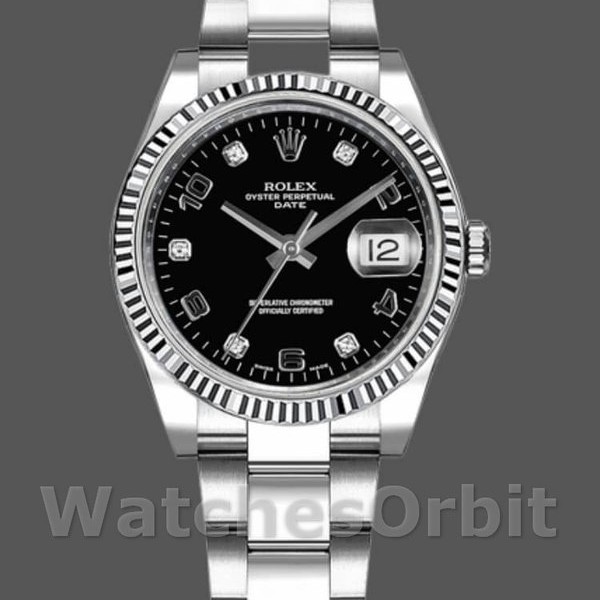 Replica Rolex Oyster Perpetual Date 34 mm Unisex-115234-Dal quadrante nero Diamante nero Unisex-115234-Dal quadrante nero Diamante nero