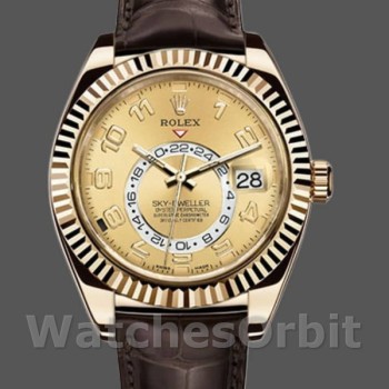 Replica Rolex Sky-Dweller 42 mm Uomo-326138-Champagne Quadrante arabo-Oro giallo Champagne