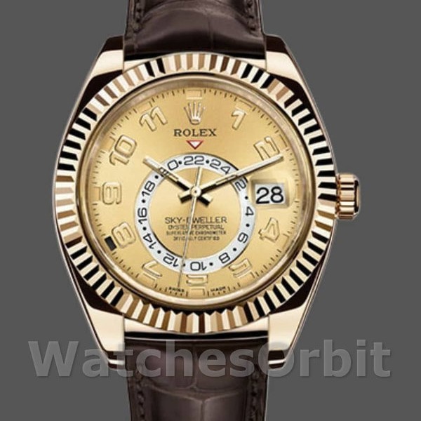 Replica Rolex Sky-Dweller 42 mm Uomo-326138-Champagne Quadrante arabo-Oro giallo Champagne